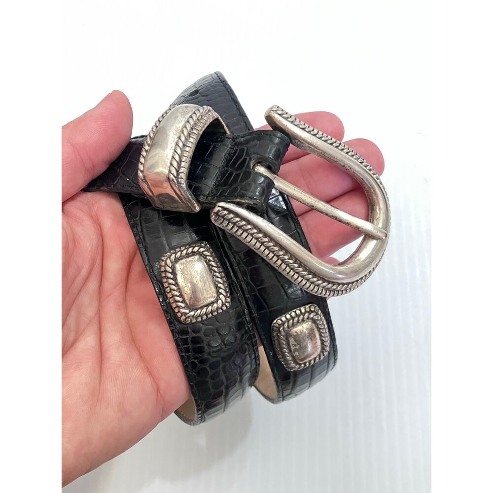 Brighton Black Belt Set Of 2 Embossed Black Leather Western Concho Buckle - M, S - Picture 2 of 6
